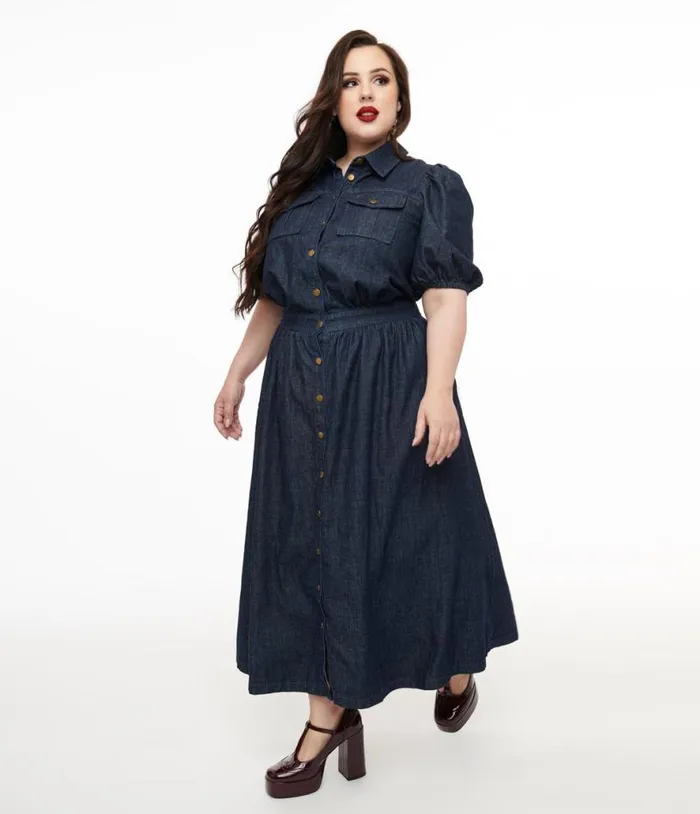 Plus Size Blue Denim Get The Look Midi Dress Dresses Unique Vintage Pocket Dresses