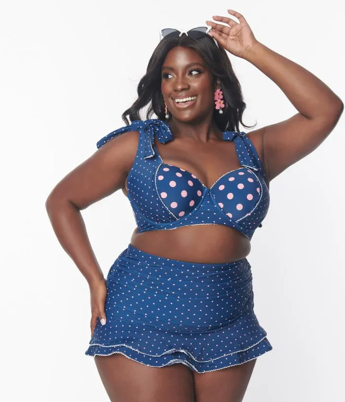 Plus Size Navy and Pink Pin Dot Totally Tied Up Swim Top Plus Unique Vintage Two Piece Swim Plus Size Navy and Pink Pin Dot Totally Tied Up Swim Top Plus Unique Vintage Two Piece Swim
