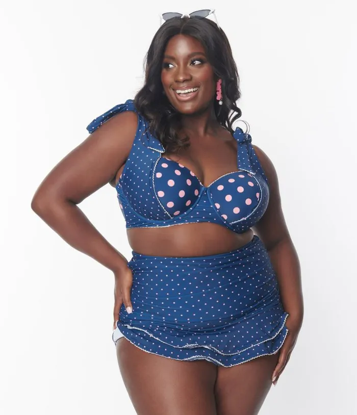 Plus Size Navy and Pink Pin Dot Totally Tied Up Swim Top Plus Unique Vintage Two Piece Swim