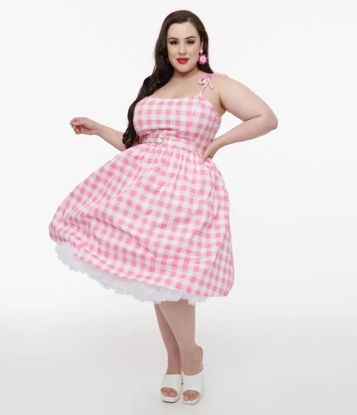 Plus Size Pink and White Gingham Bobbie Swing Dress DressesPlus Unique Vintage Swing