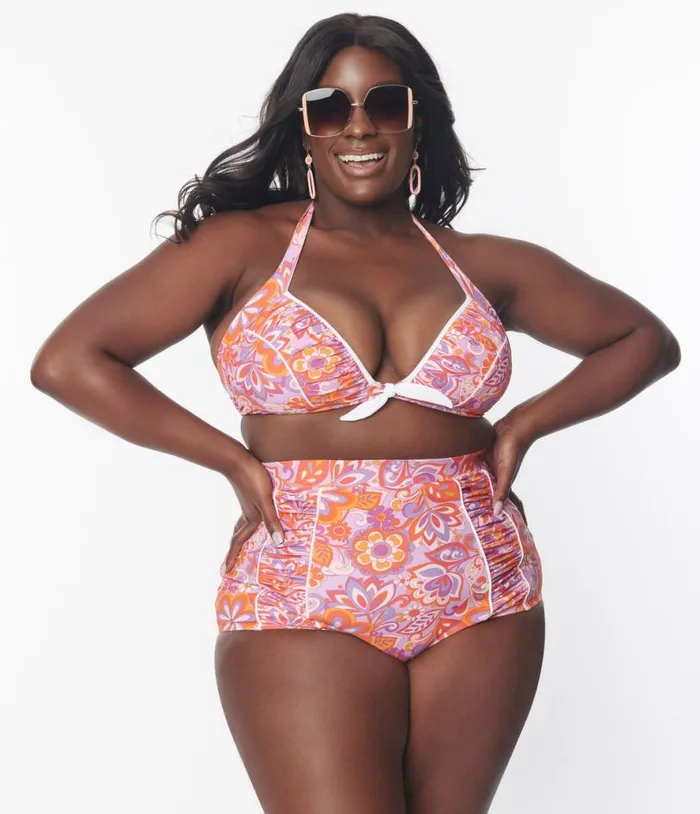 Plus Size Purple and Orange Bohemian Floral Print Halter Swim Top Plus Unique Vintage Two Piece Swim