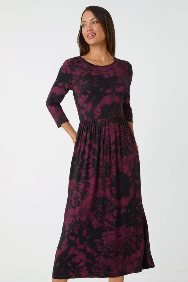 Port Tie Dye Pocket Stretch Midi Dress Women Roman Dresses