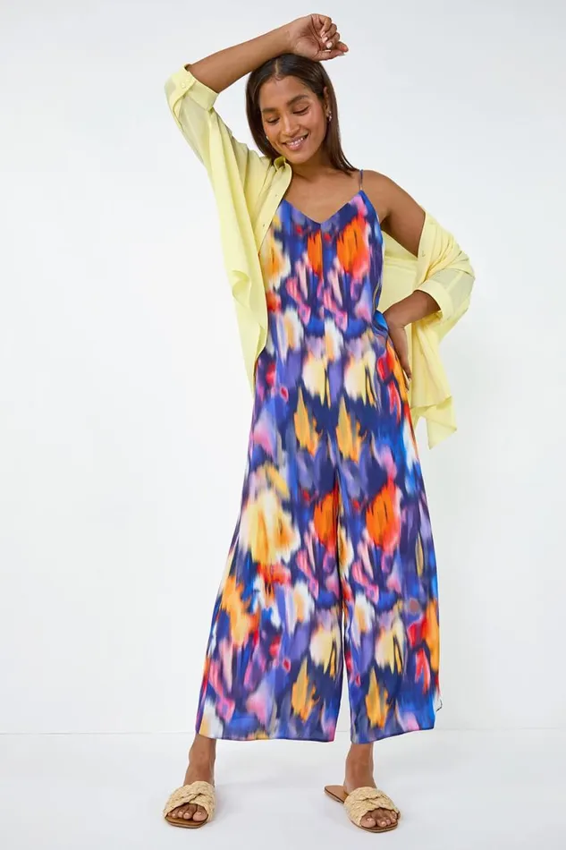 Purple Abstract Print Cropped Jumpsuit Women Roman Dresses