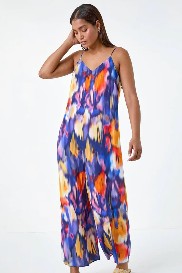 Purple Abstract Print Cropped Jumpsuit Women Roman Dresses