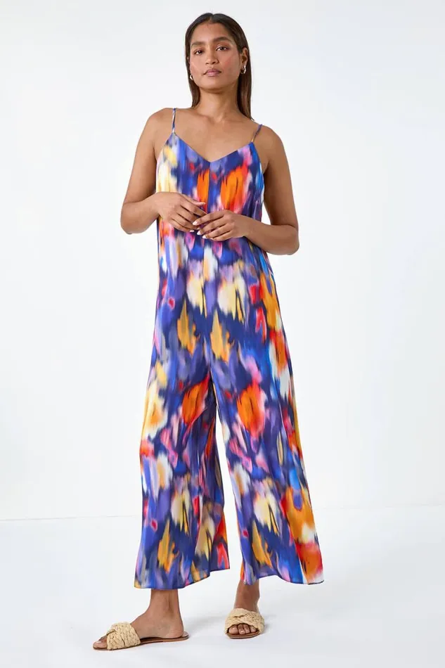 Purple Abstract Print Cropped Jumpsuit Women Roman Dresses