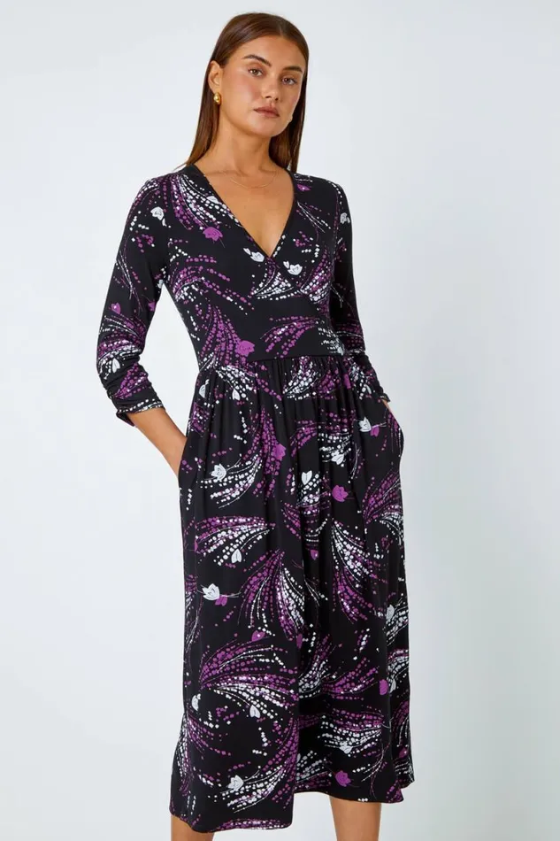 Purple Abstract Print Wrap Midi Stretch Dress Women Roman Dresses