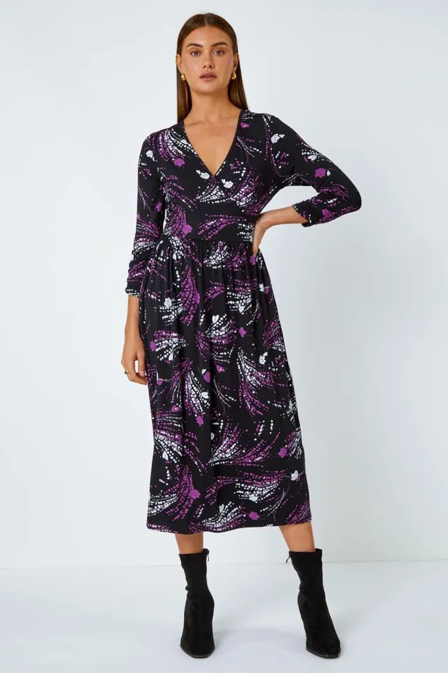 Purple Abstract Print Wrap Midi Stretch Dress Women Roman Dresses