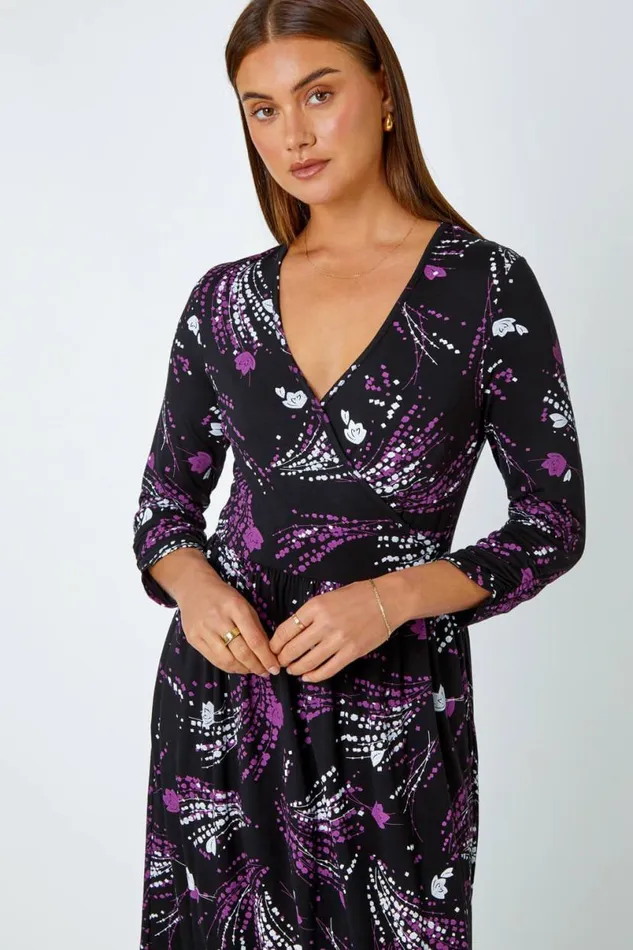 Purple Abstract Print Wrap Midi Stretch Dress Women Roman Dresses