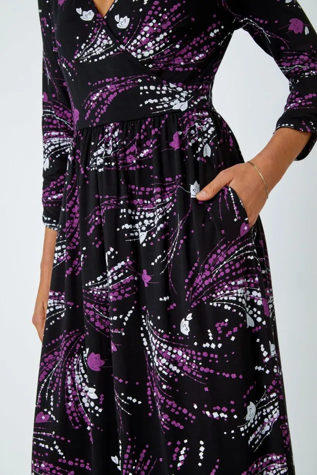 Purple Abstract Print Wrap Midi Stretch Dress Women Roman Dresses