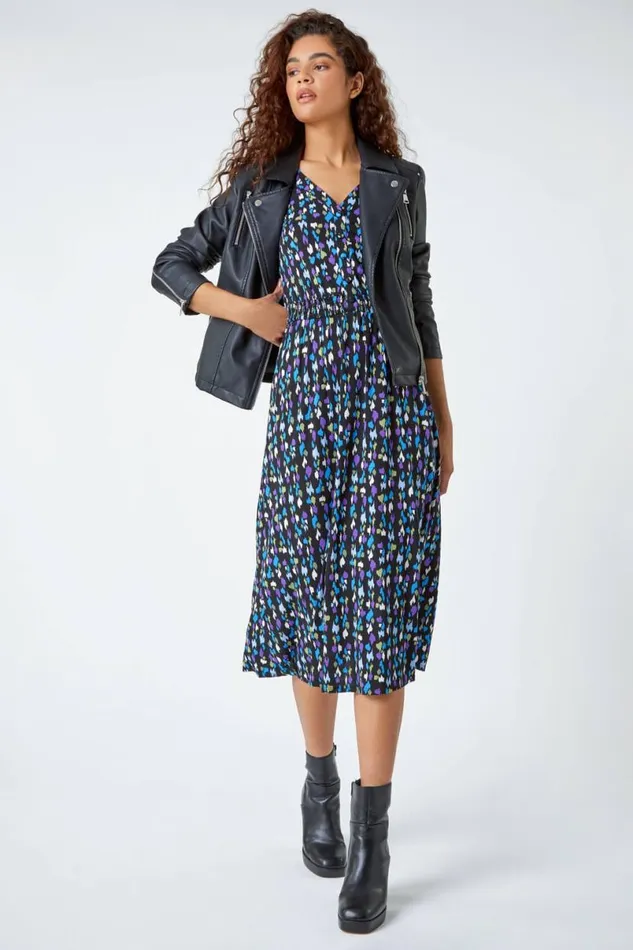 Purple Abstract Spot Print Midi Stretch Dress Women Roman Dresses