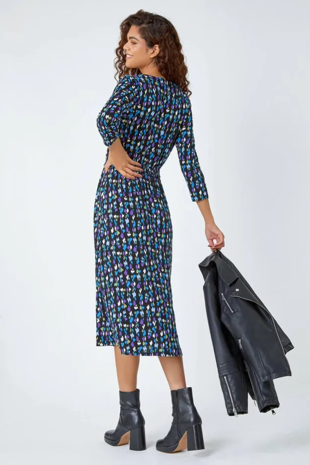 Purple Abstract Spot Print Midi Stretch Dress Women Roman Dresses