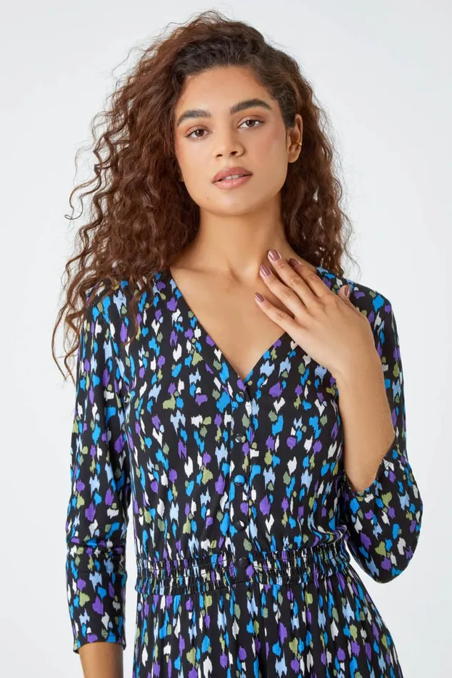 Purple Abstract Spot Print Midi Stretch Dress Women Roman Dresses