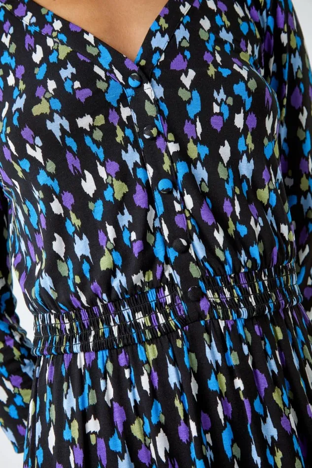 Purple Abstract Spot Print Midi Stretch Dress Women Roman Dresses