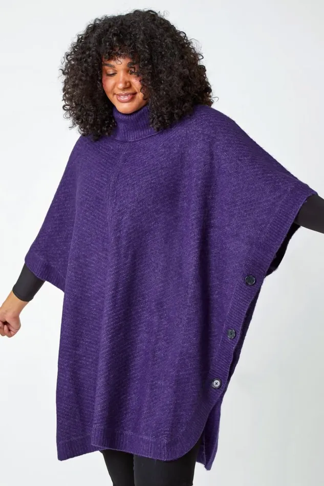 Purple Curve Button Detail Stretch Poncho Women Roman Knitwear