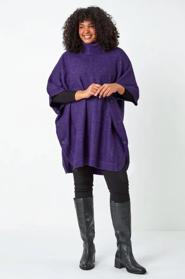Purple Curve Button Detail Stretch Poncho Women Roman Knitwear