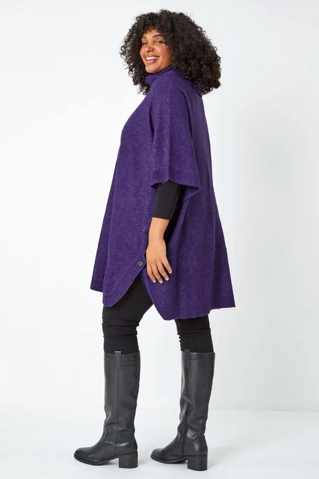 Purple Curve Button Detail Stretch Poncho Women Roman Knitwear