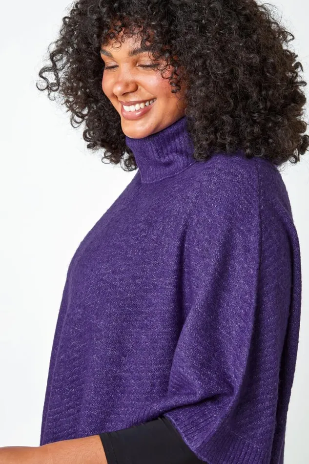 Purple Curve Button Detail Stretch Poncho Women Roman Knitwear