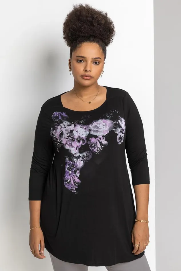 Purple Curve Sparkle Embellished Floral Tunic Top Women Roman Tops