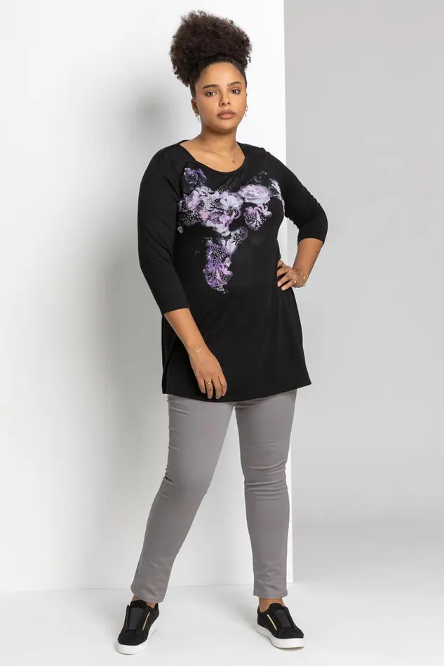 Purple Curve Sparkle Embellished Floral Tunic Top Women Roman Tops