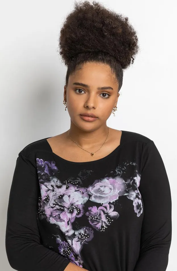 Purple Curve Sparkle Embellished Floral Tunic Top Women Roman Tops