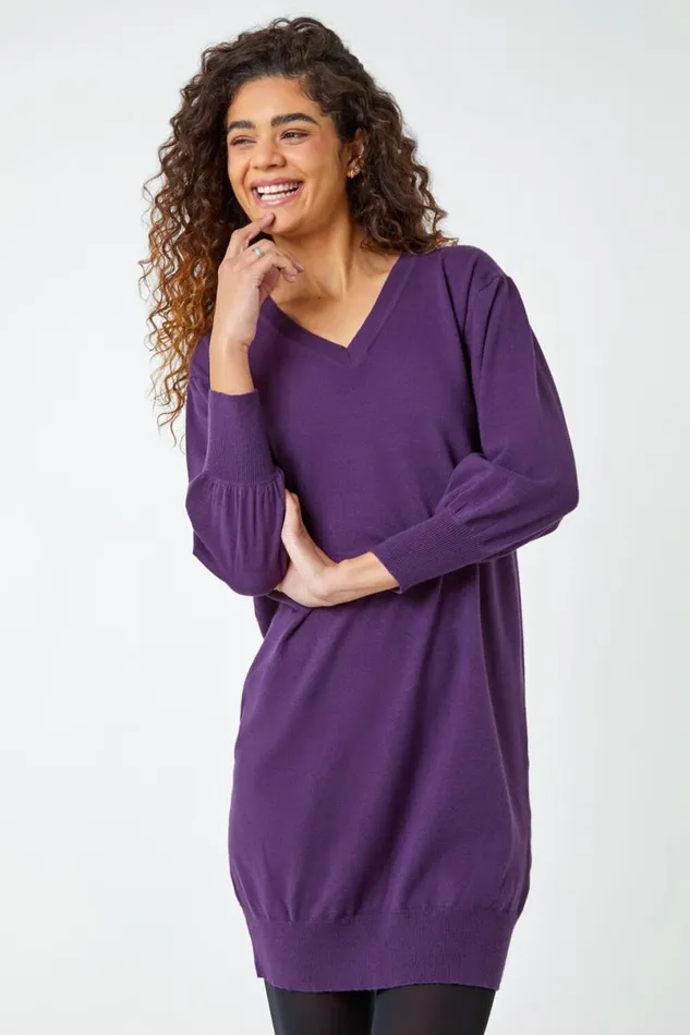 Purple Longline Knitted Jumper Dress Women Roman Dresses
