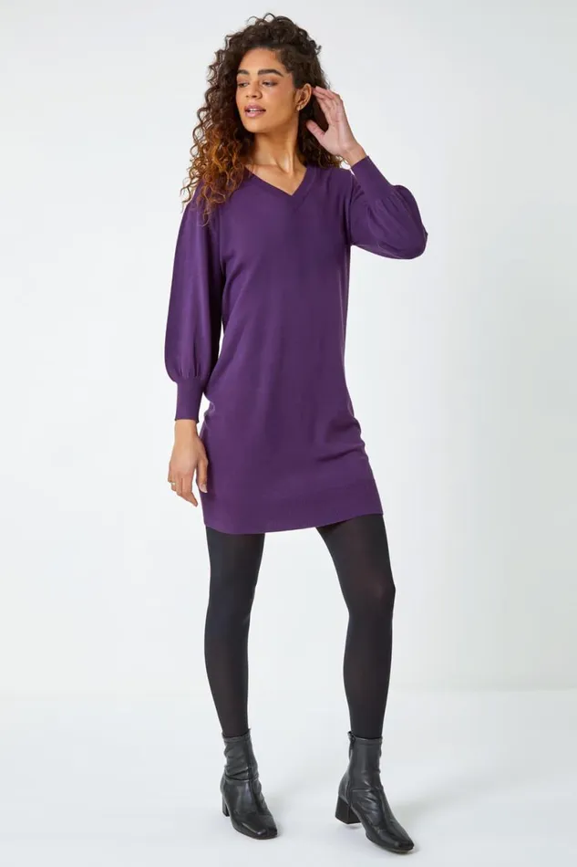 Purple Longline Knitted Jumper Dress Women Roman Dresses
