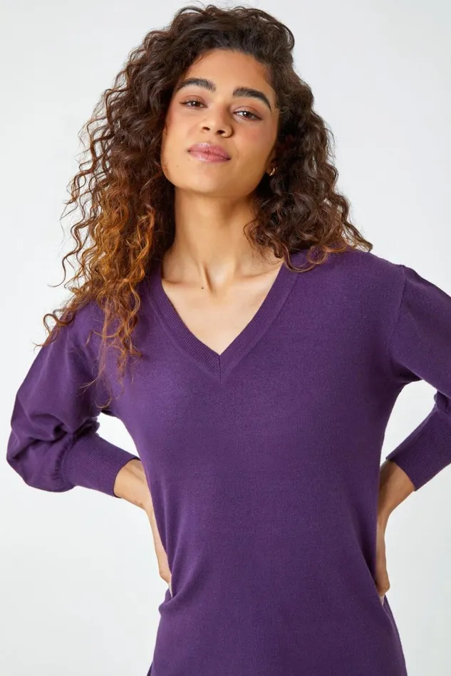 Purple Longline Knitted Jumper Dress Women Roman Dresses