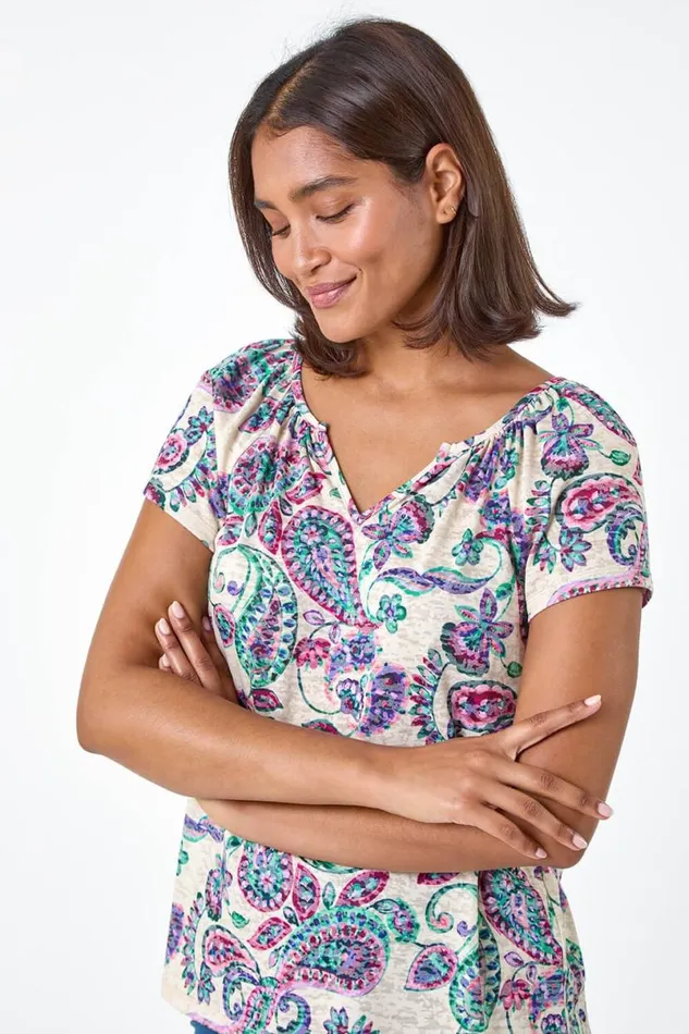Purple Paisley Print Burnout VNeck Top Women Roman Tops