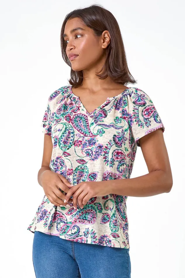 Purple Paisley Print Burnout VNeck Top Women Roman Tops
