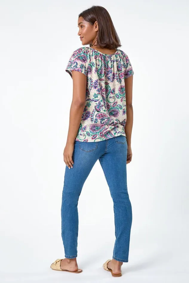 Purple Paisley Print Burnout VNeck Top Women Roman Tops
