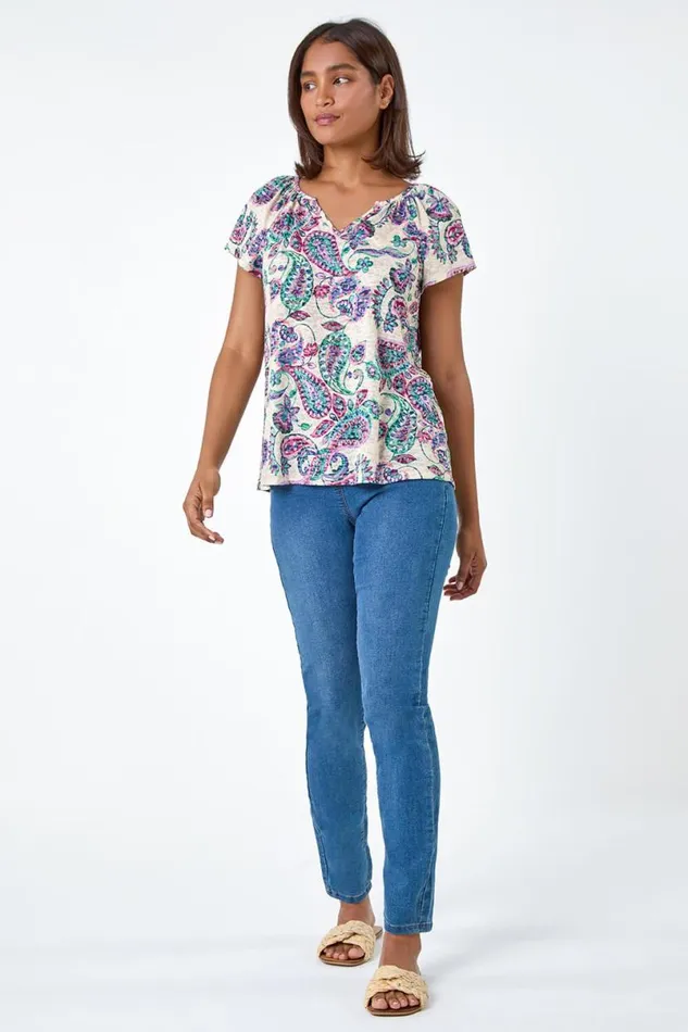 Purple Paisley Print Burnout VNeck Top Women Roman Tops