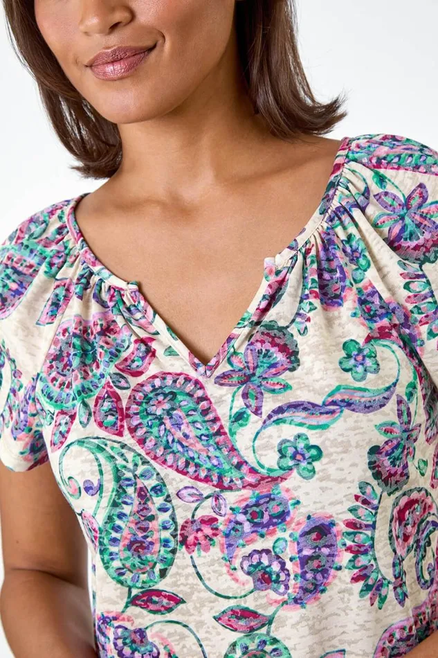 Purple Paisley Print Burnout VNeck Top Women Roman Tops