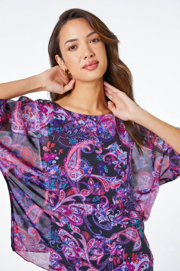 Purple Paisley Print Chiffon Overlay Top Women Roman Tops