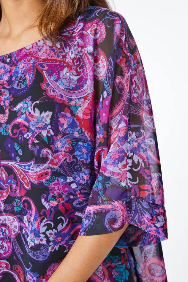 Purple Paisley Print Chiffon Overlay Top Women Roman Tops