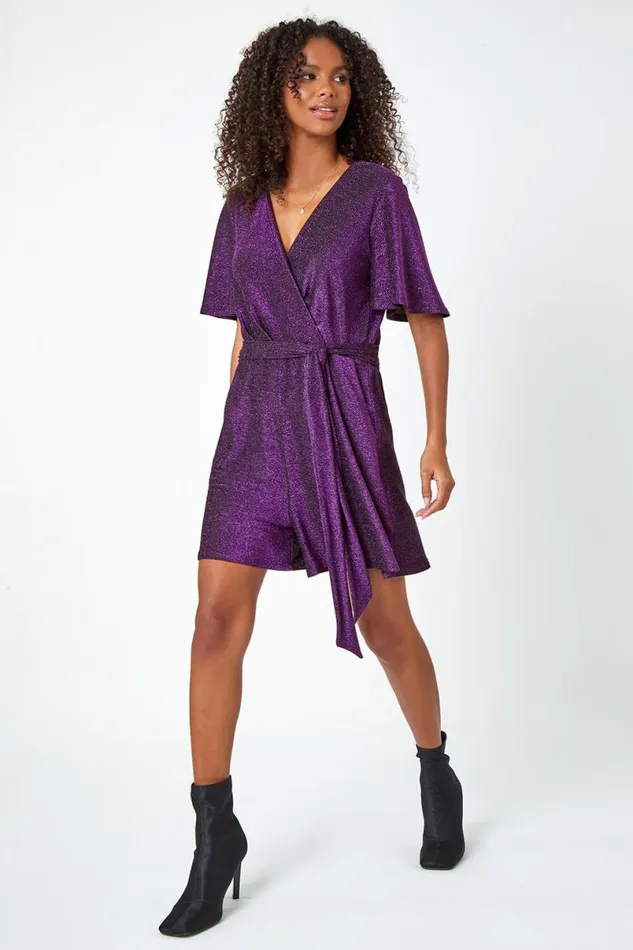 Purple Sparkle Stretch Wrap Playsuit Women Roman Dresses
