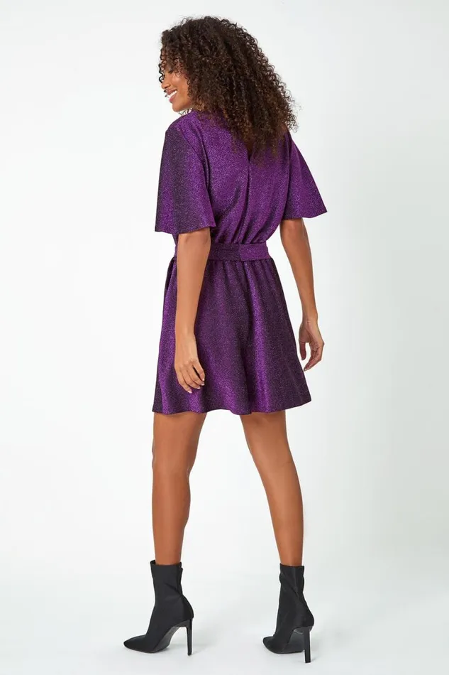 Purple Sparkle Stretch Wrap Playsuit Women Roman Dresses