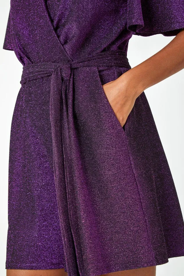 Purple Sparkle Stretch Wrap Playsuit Women Roman Dresses
