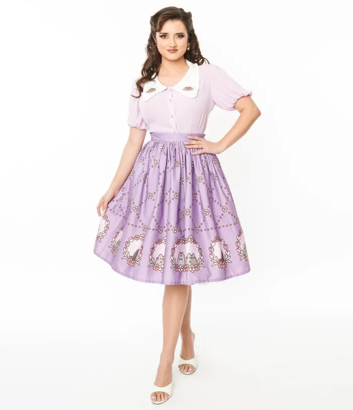 Pusheen X Lavender Pusheen Floral Frame Print Gellar Swing Skirt Clothing Unique Vintage Skirts Pusheen X Lavender Pusheen Floral Frame Print Gellar Swing Skirt Clothing Unique Vintage Skirts