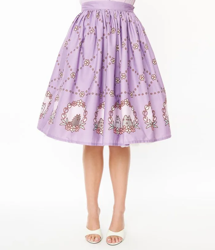 Pusheen X Lavender Pusheen Floral Frame Print Gellar Swing Skirt Clothing Unique Vintage Skirts