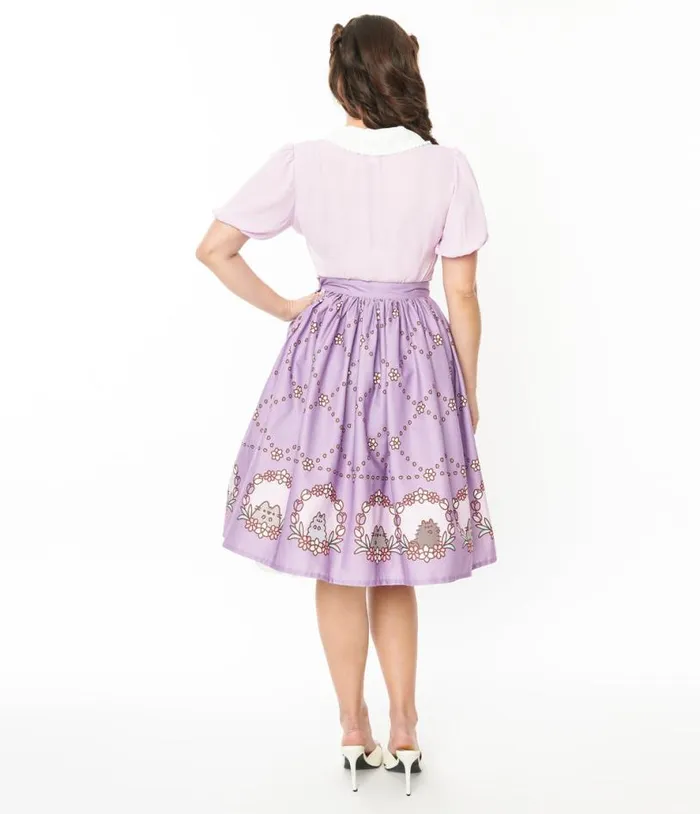 Pusheen X Lavender Pusheen Floral Frame Print Gellar Swing Skirt Clothing Unique Vintage Skirts