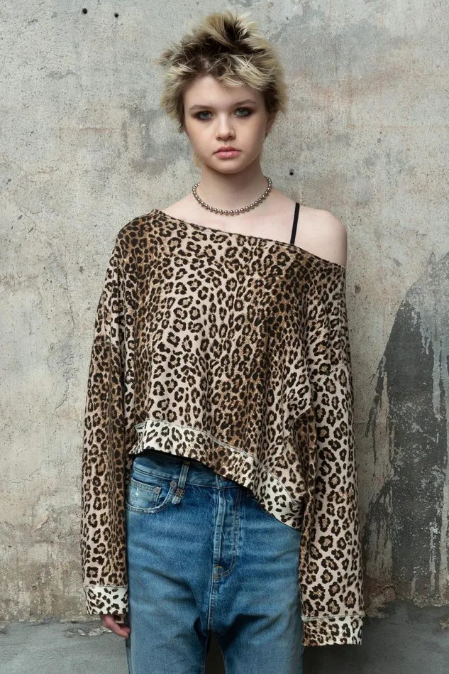R13 Sweatshirts Women Off Shoulder Patti Sweatshirt 8211 Leopard