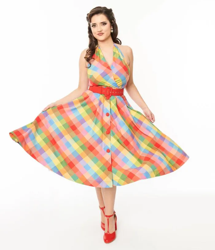 Rainbow Madras Plaid Tarrytown Hostess Dress Dresses Unique Vintage Pocket Dresses