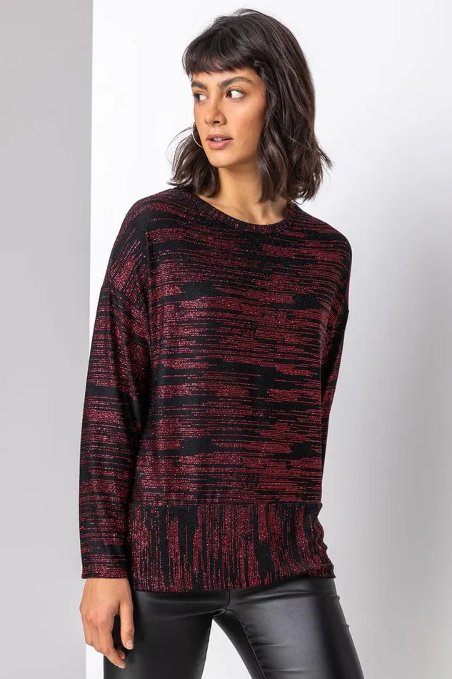 Red Contrast Shimmer Stripe Print Top Women Roman Tops