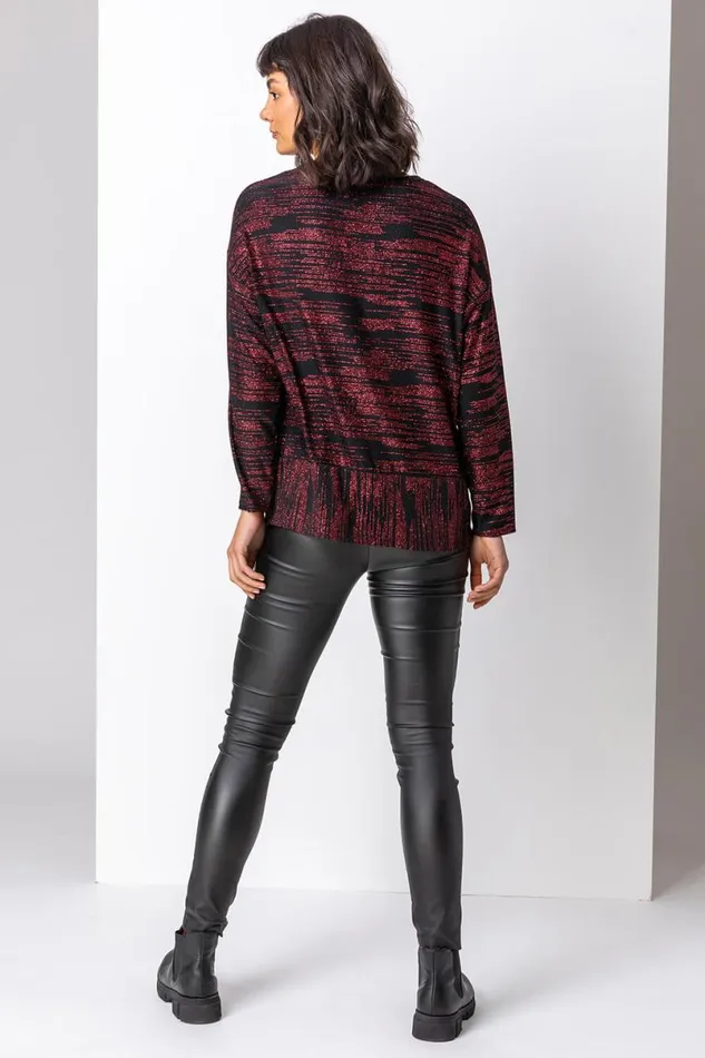 Red Contrast Shimmer Stripe Print Top Women Roman Tops