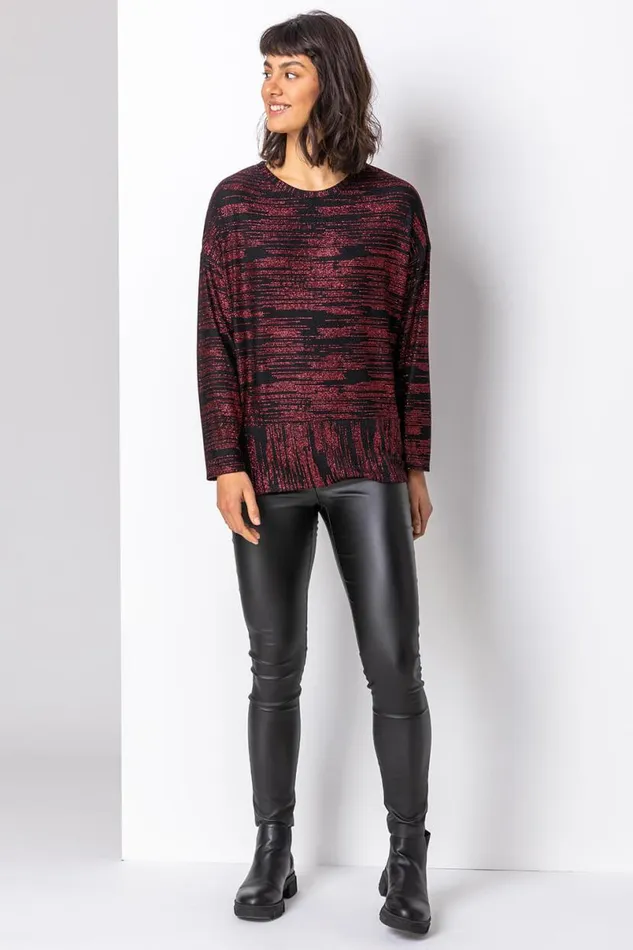 Red Contrast Shimmer Stripe Print Top Women Roman Tops
