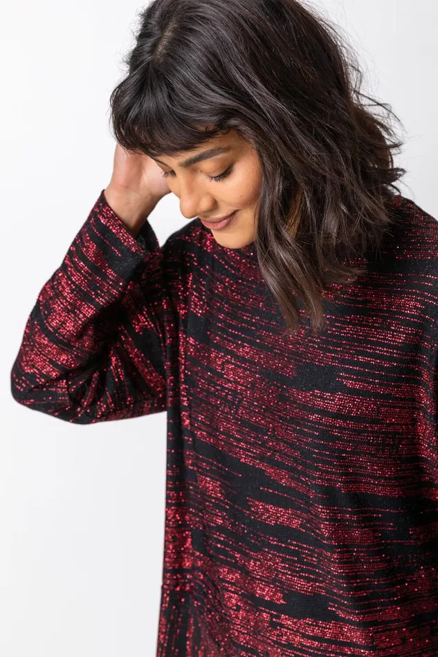 Red Contrast Shimmer Stripe Print Top Women Roman Tops