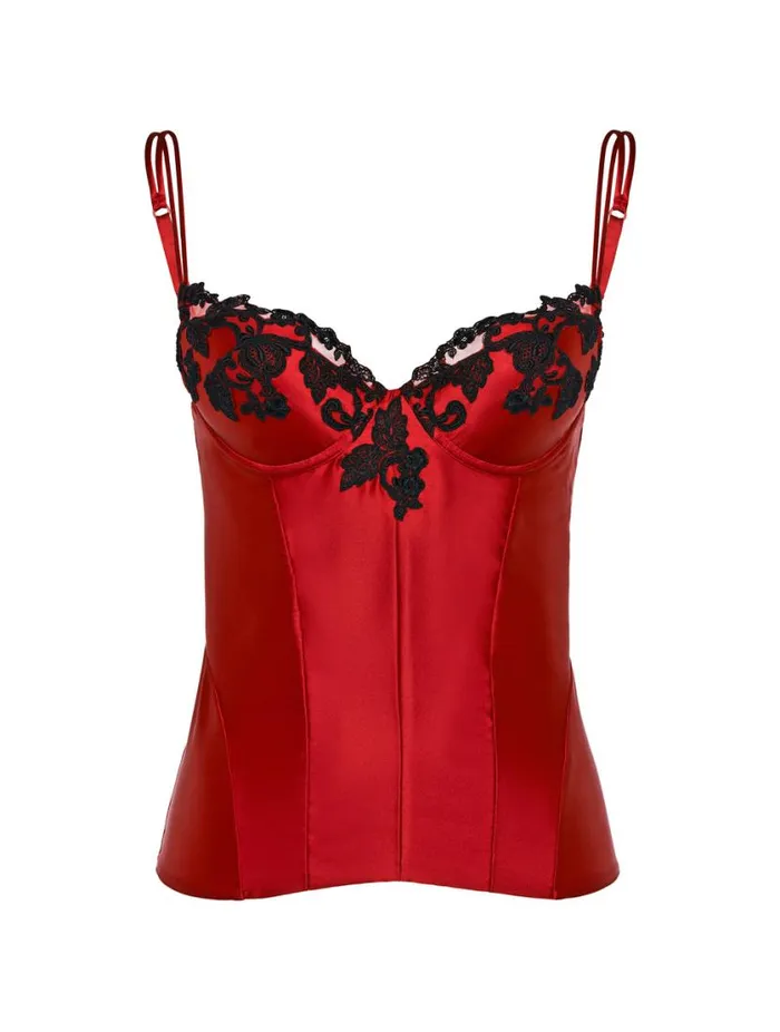 Red Corset With Frastaglio In Silk Satin Lingerie La Perla Bodysuits and Bustiers