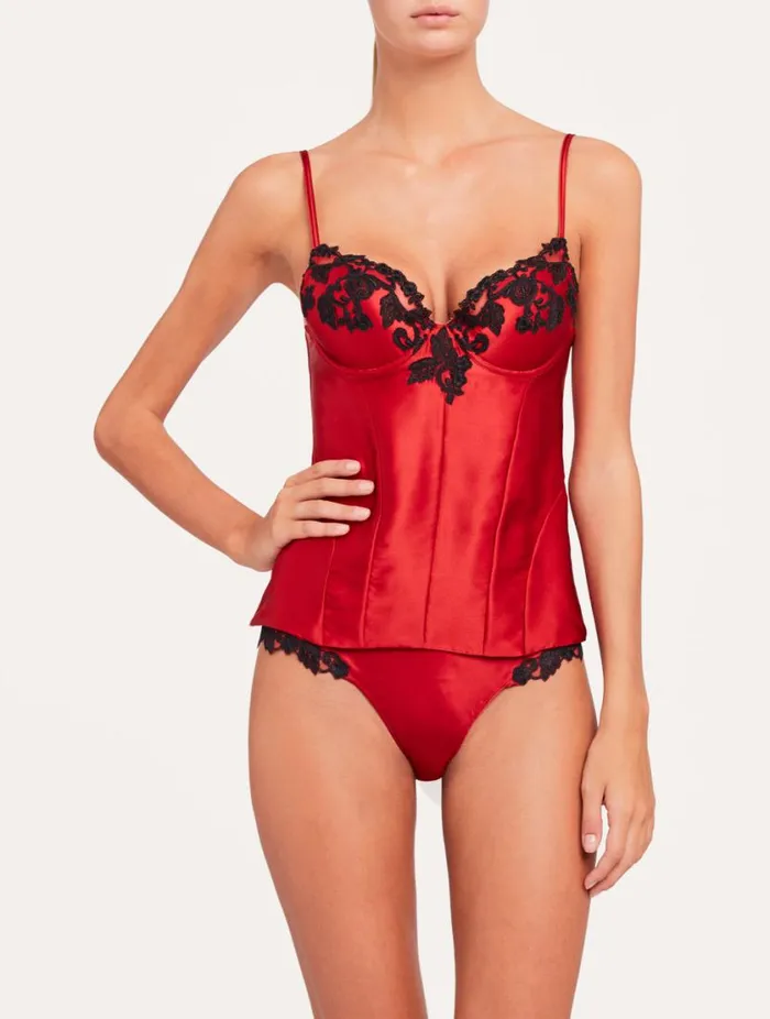 Red Corset With Frastaglio In Silk Satin Lingerie La Perla Bodysuits and Bustiers