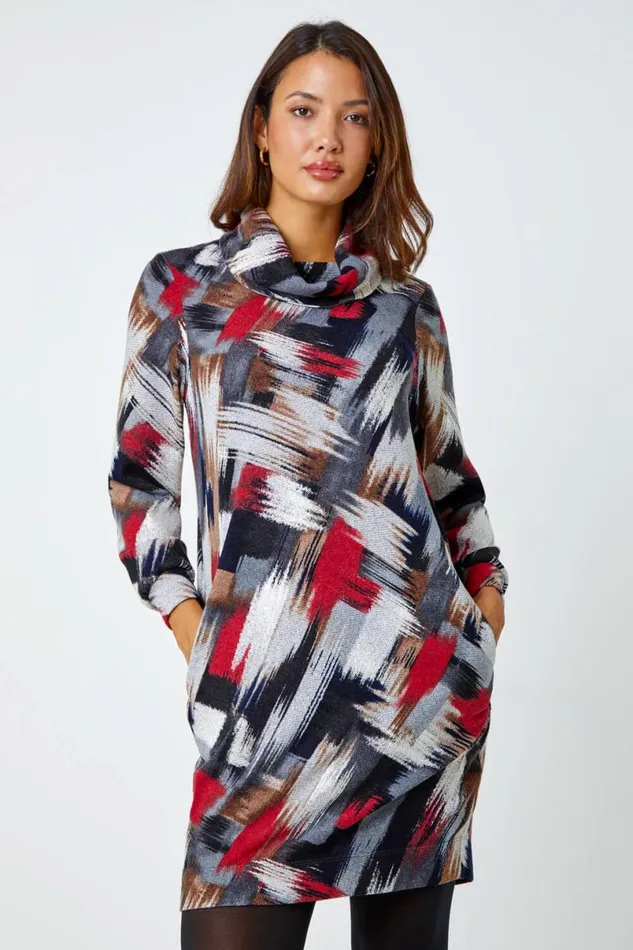 Red Cowl Neck Abstract Print Stretch Dress Women Roman Dresses