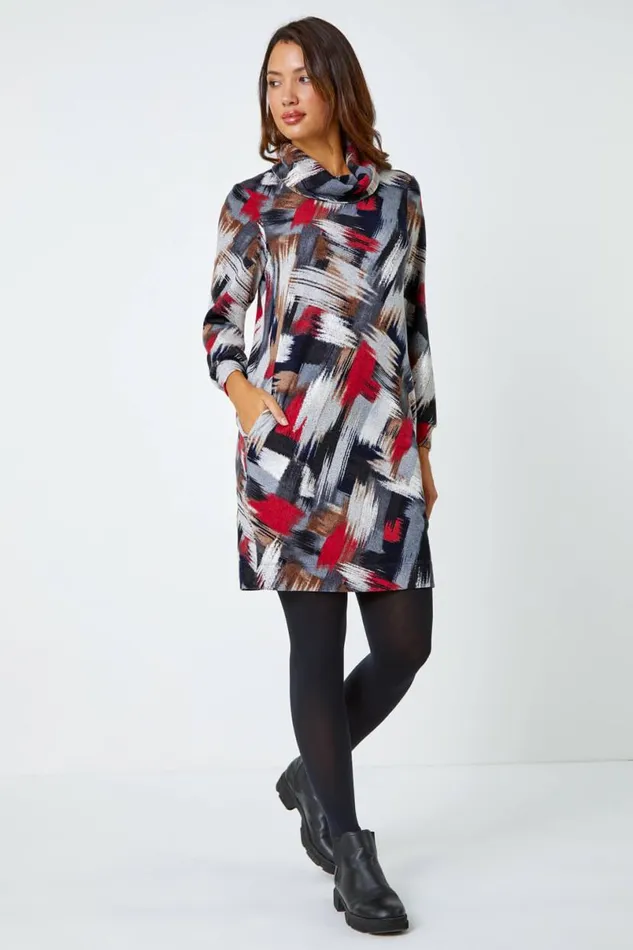 Red Cowl Neck Abstract Print Stretch Dress Women Roman Dresses